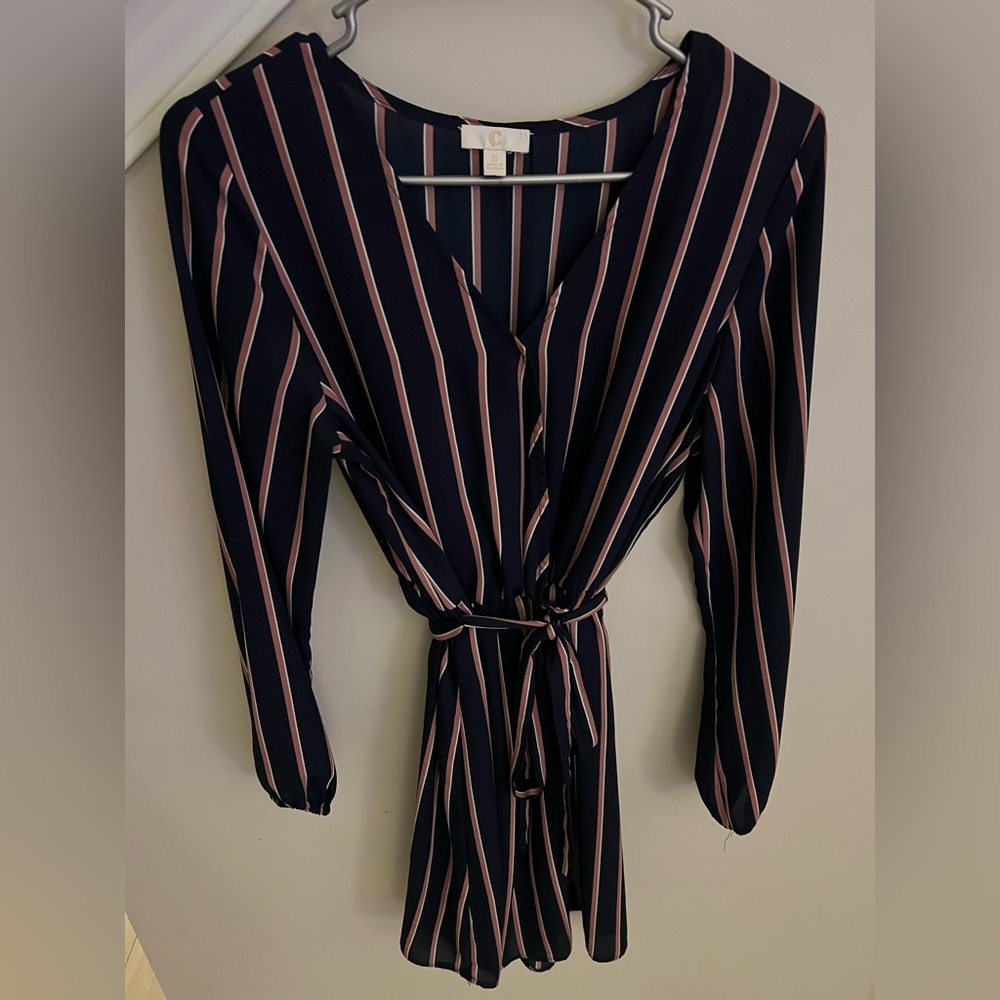 Charming Charlie long sleeve navy blue wrap style dress with pink stripes